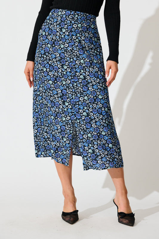Flourish Midi Skirt in Navy with Blue Floral