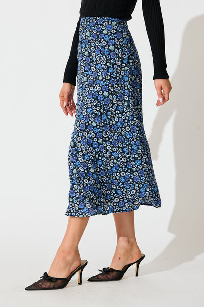 Flourish Midi Skirt in Navy with Blue Floral