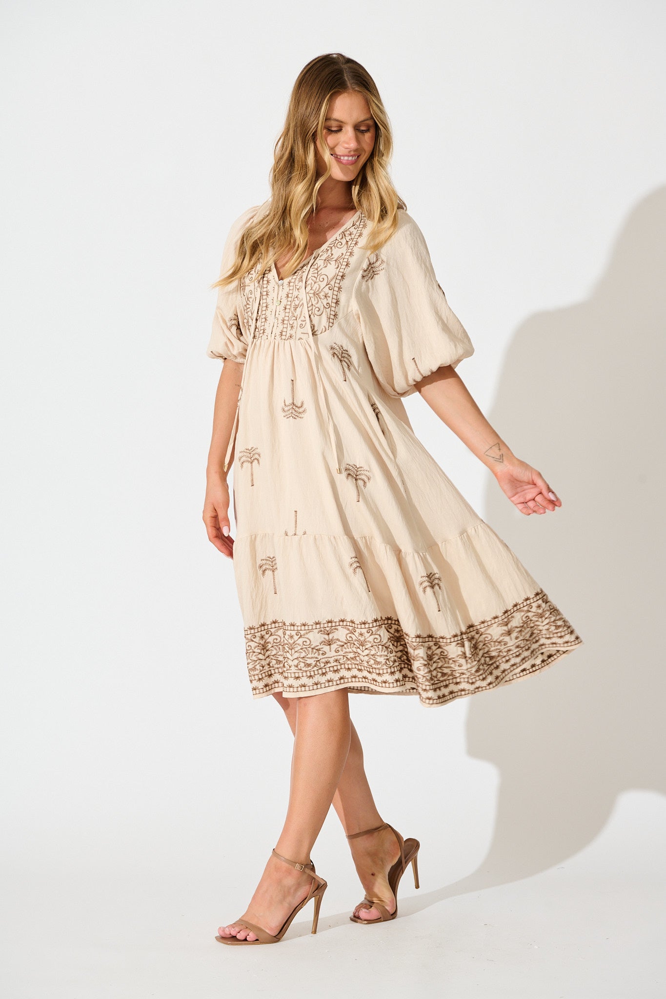 Luminous Midi Dress in Beige with Brown Palm Tree Embroidery