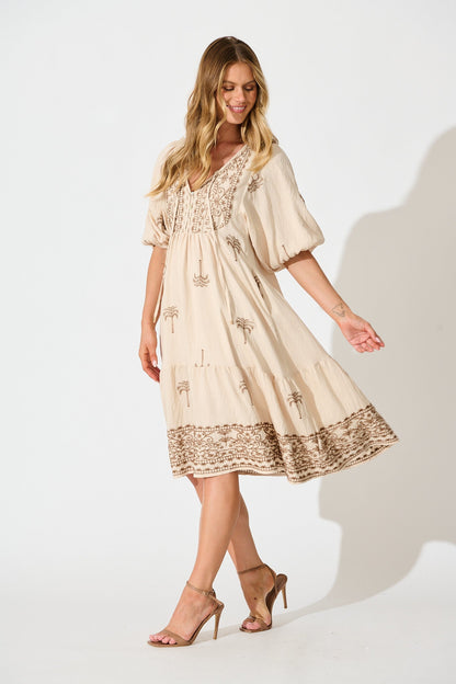 Luminous Midi Dress in Beige with Brown Palm Tree Embroidery