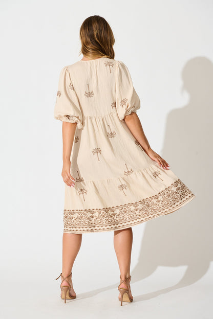 Luminous Midi Dress in Beige with Brown Palm Tree Embroidery