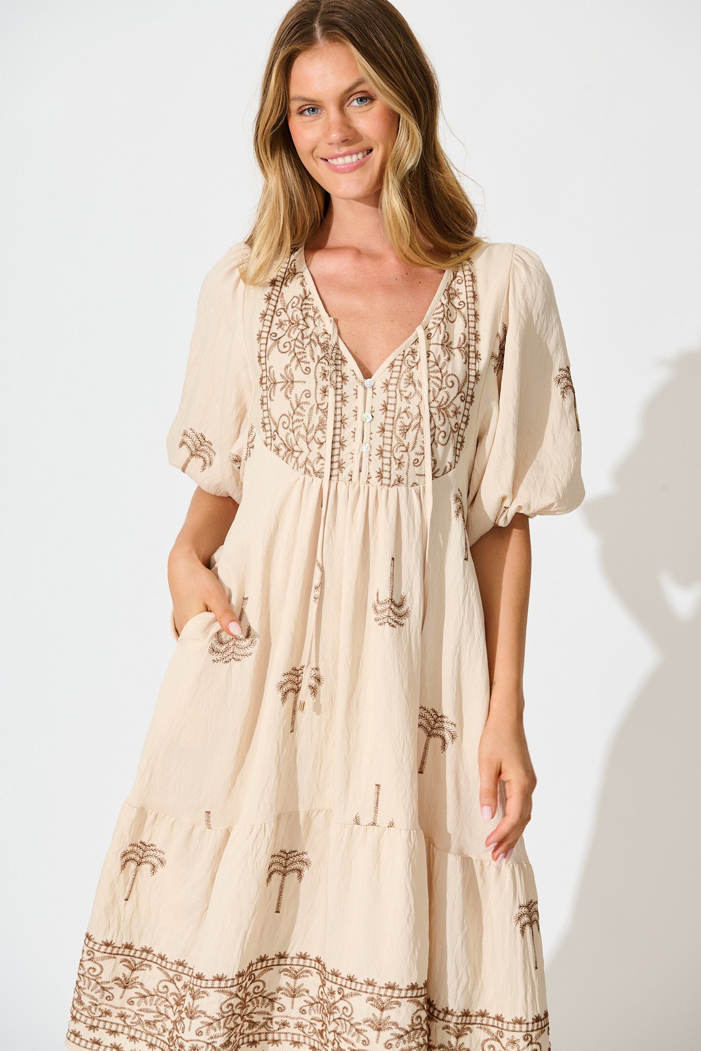 Luminous Midi Dress in Beige with Brown Palm Tree Embroidery