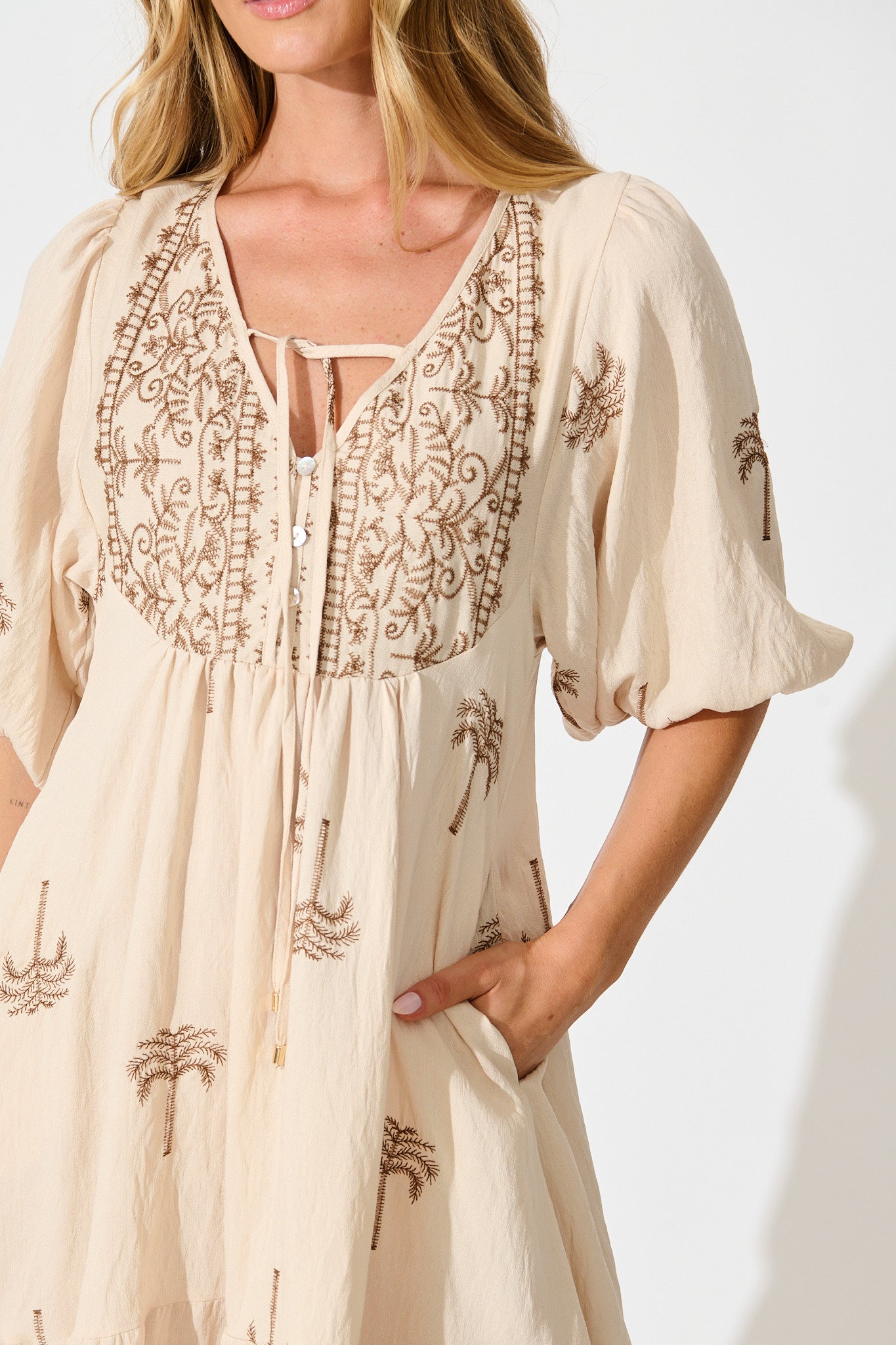 Luminous Midi Dress in Beige with Brown Palm Tree Embroidery
