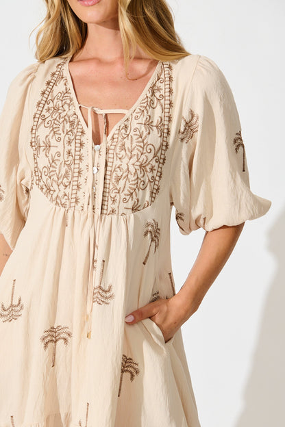 Luminous Midi Dress in Beige with Brown Palm Tree Embroidery
