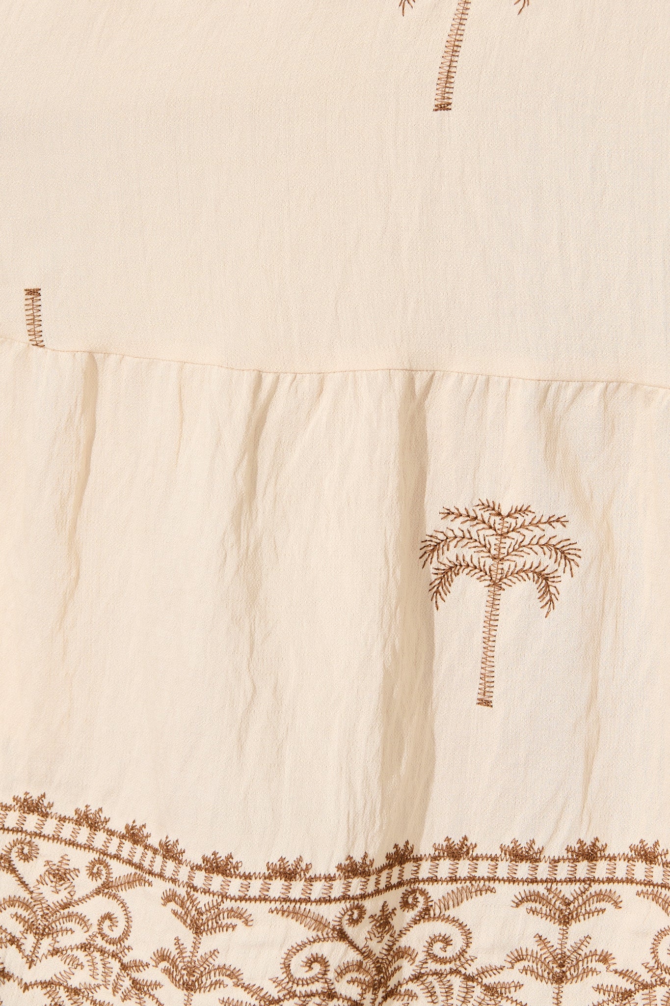 Luminous Midi Dress in Beige with Brown Palm Tree Embroidery