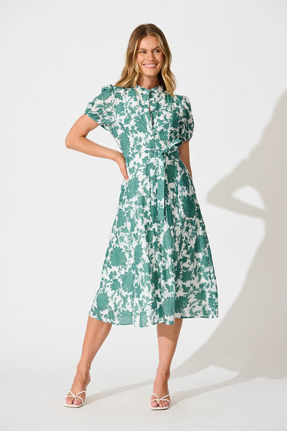 Farida Midi Dress in White with Green Floral Cotton Blend