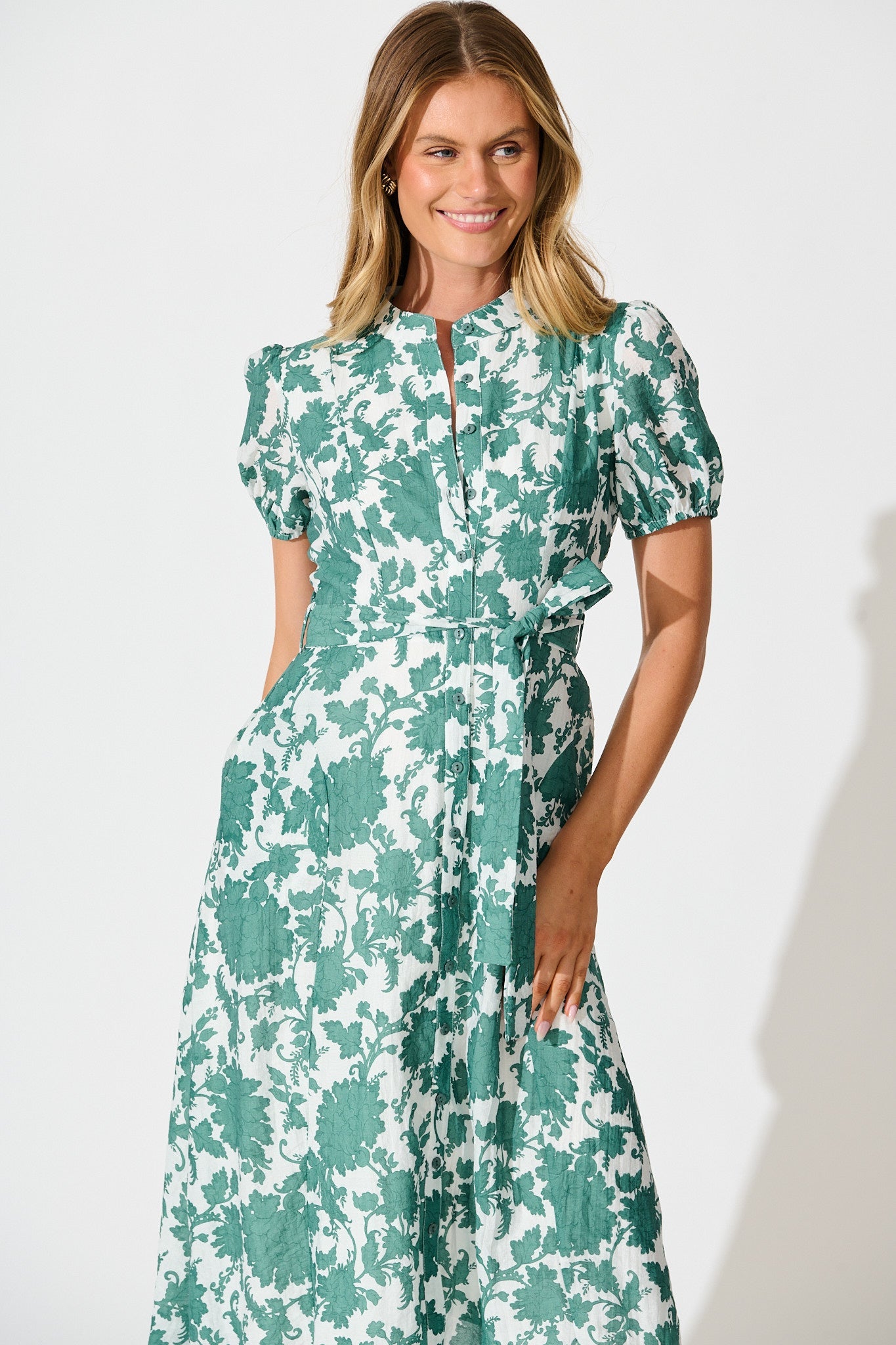 Farida Midi Dress in White with Green Floral Cotton Blend