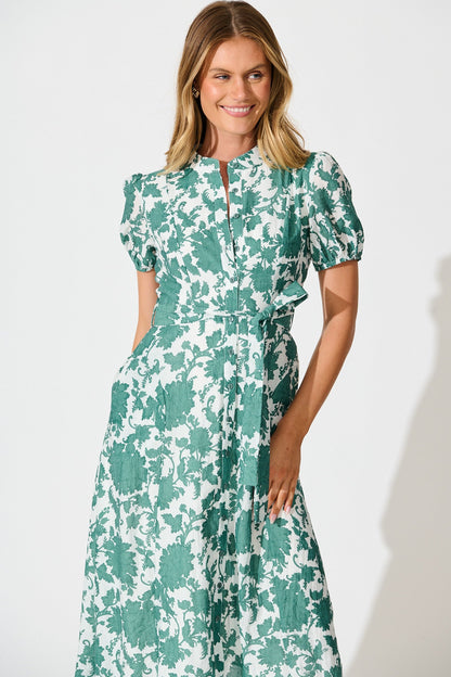 Farida Midi Dress in White with Green Floral Cotton Blend