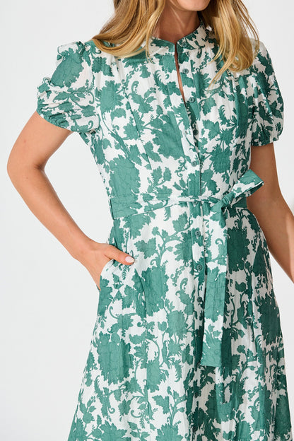 Farida Midi Dress in White with Green Floral Cotton Blend