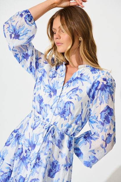 Cabana Dress in White and Blue Print