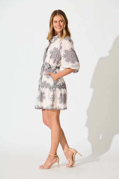 Harbour Shirt Dress in Cream with Green Multi Linen Blend