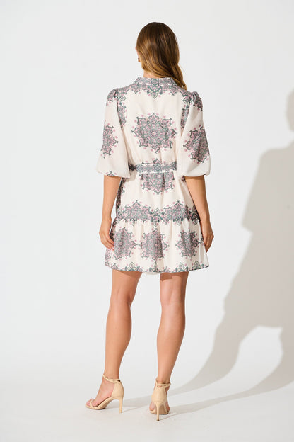 Harbour Shirt Dress in Cream with Green Multi Linen Blend