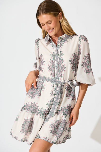 Harbour Shirt Dress in Cream with Green Multi Linen Blend