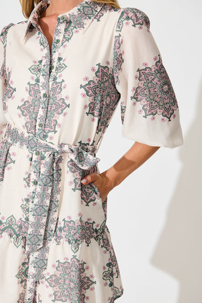 Harbour Shirt Dress in Cream with Green Multi Linen Blend