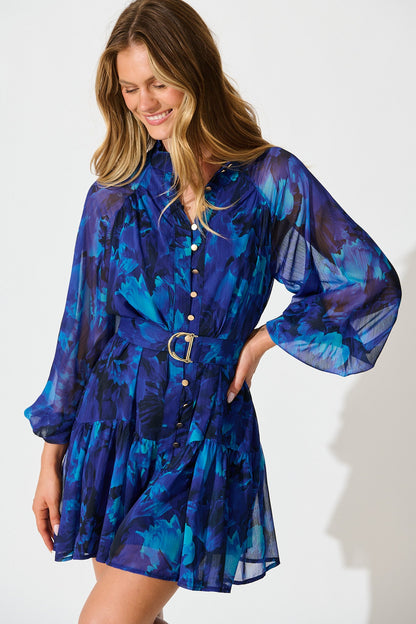 Mica Dress in Blue Watercolour Chiffon