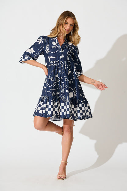 Heartvale Smock Dress in Navy with White Cotton
