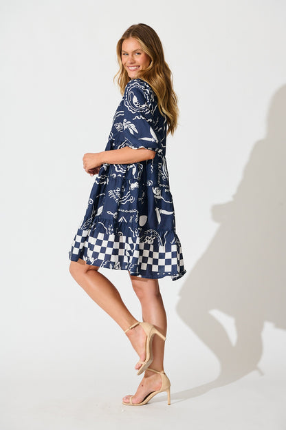 Heartvale Smock Dress in Navy with White Cotton