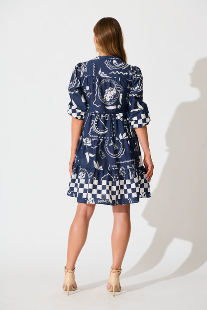 Heartvale Smock Dress in Navy with White Cotton