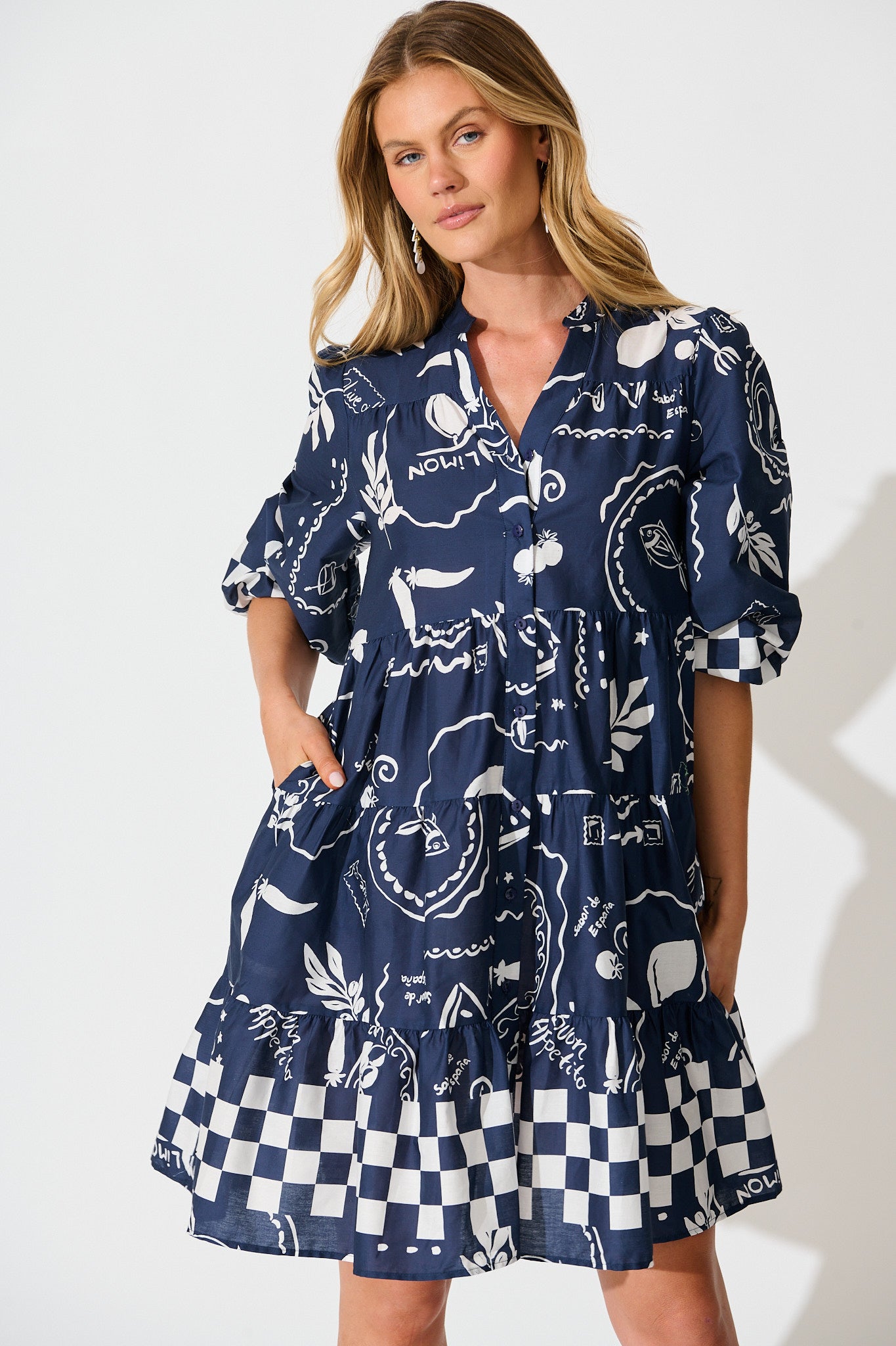 Heartvale Smock Dress in Navy with White Cotton
