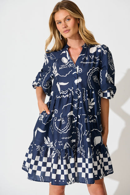 Heartvale Smock Dress in Navy with White Cotton