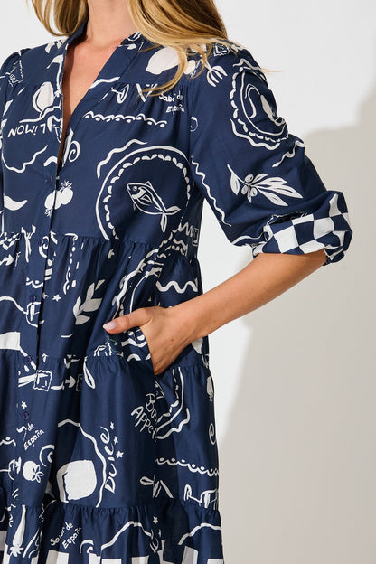 Heartvale Smock Dress in Navy with White Cotton