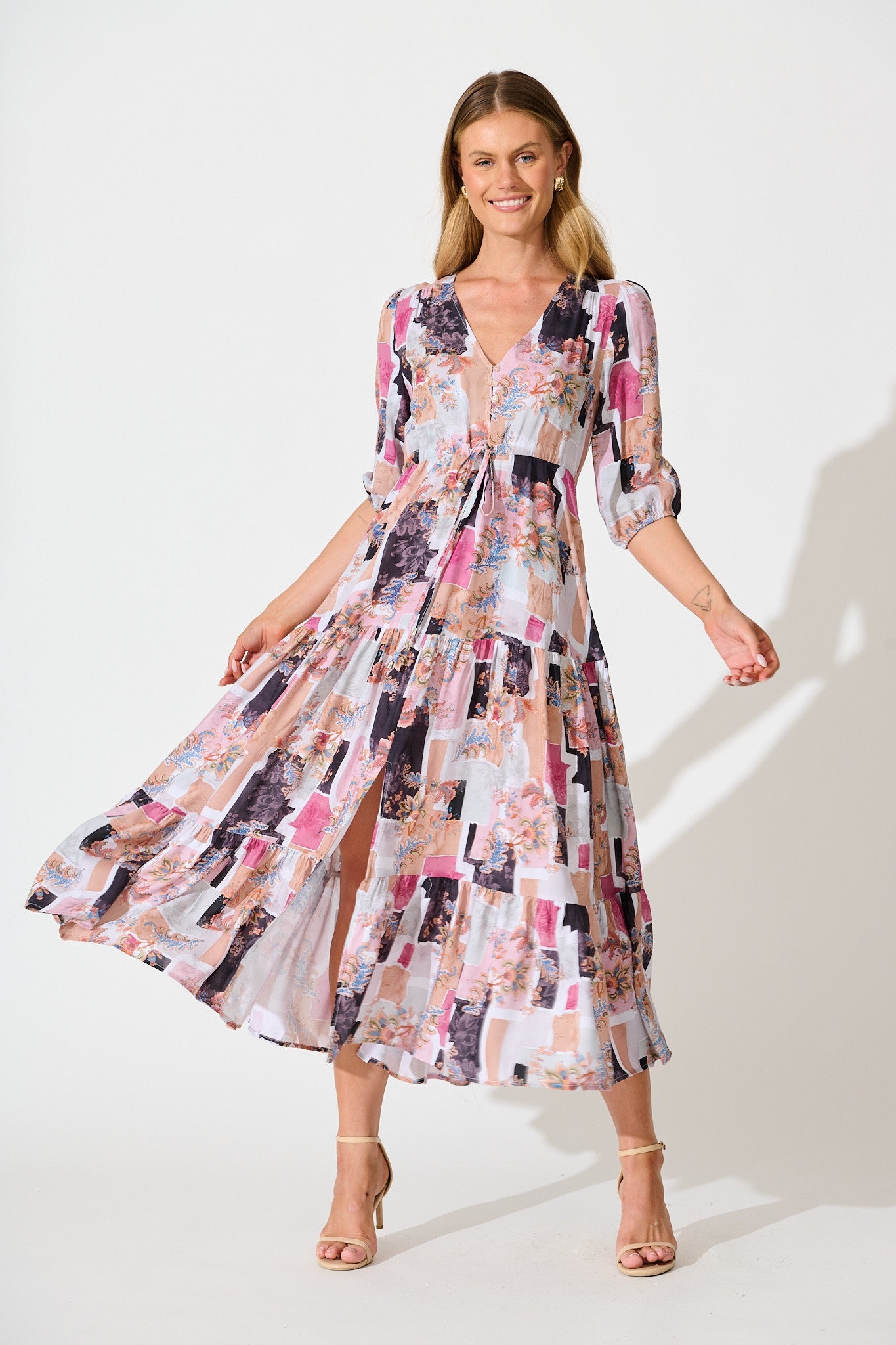 Ivanna Midi Dress in Multi Patchwork Print