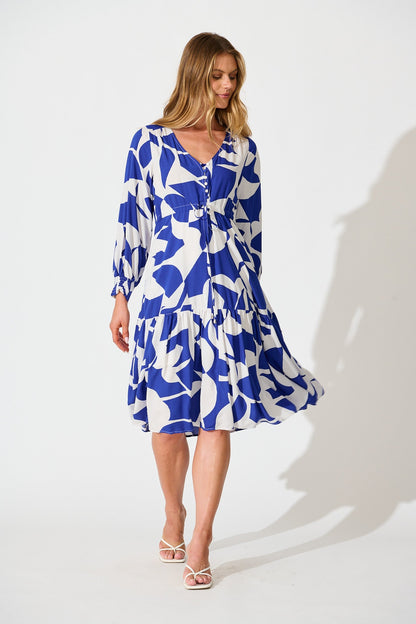 Sianna Midi Dress in Blue White Print