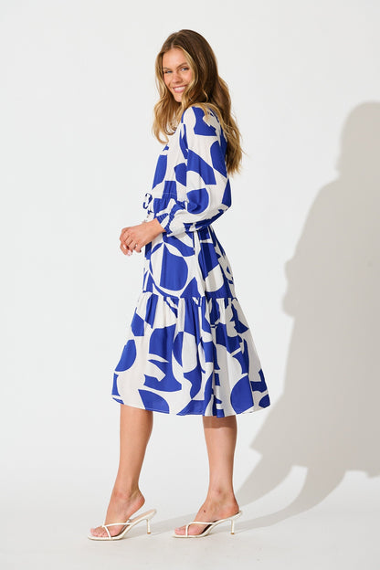 Sianna Midi Dress in Blue White Print