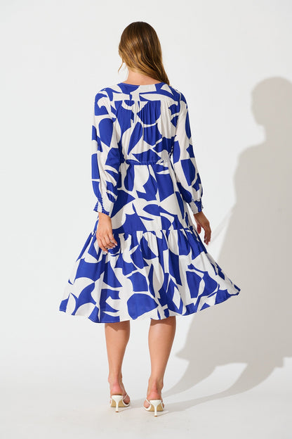 Sianna Midi Dress in Blue White Print