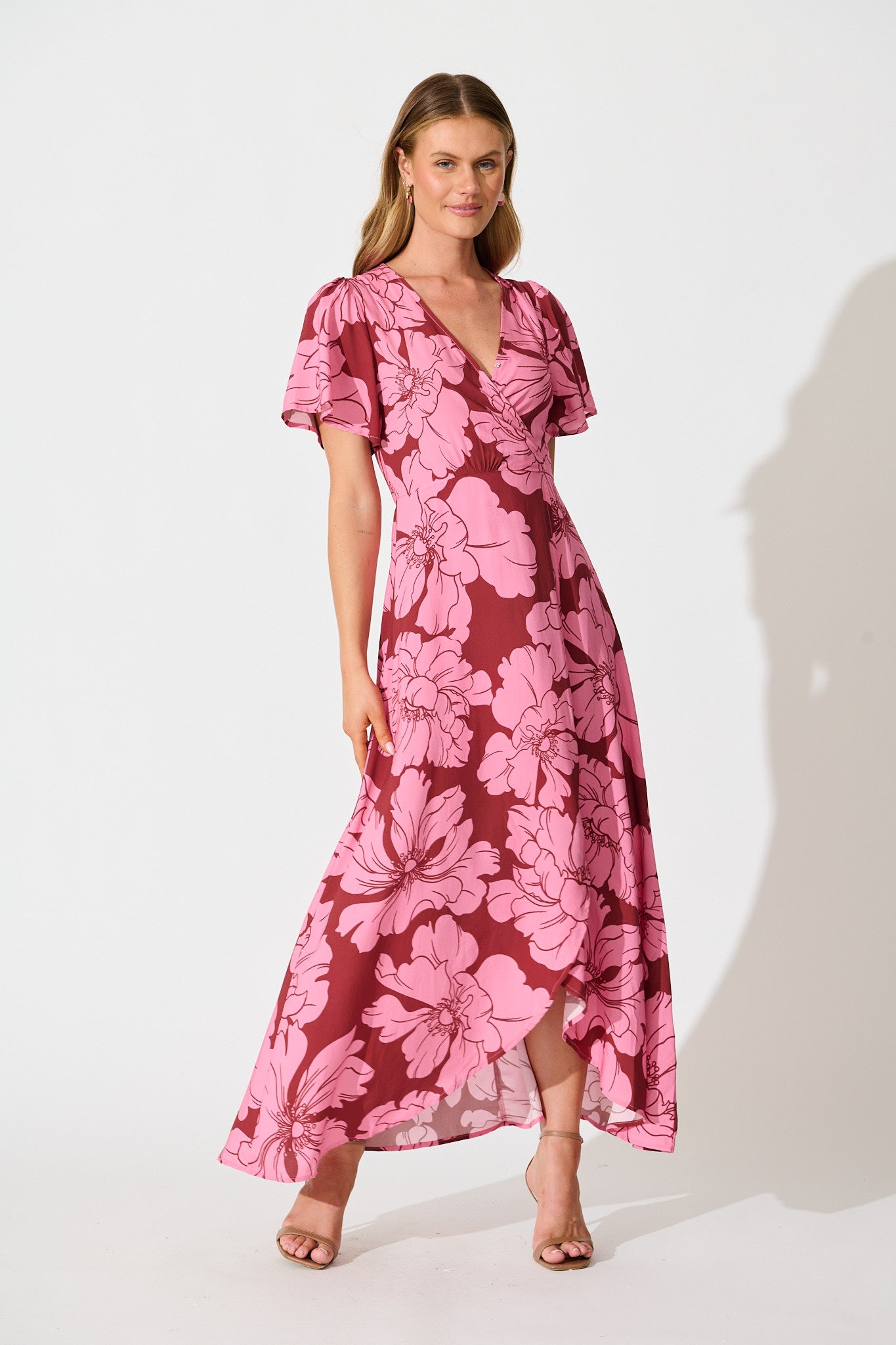 Labyrinth Maxi Wrap Dress in Wine with Pink Floral