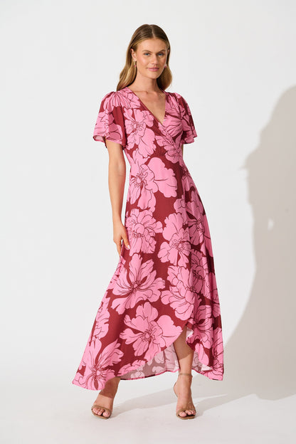 Labyrinth Maxi Wrap Dress in Wine with Pink Floral