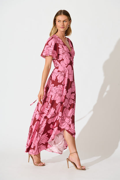 Labyrinth Maxi Wrap Dress in Wine with Pink Floral