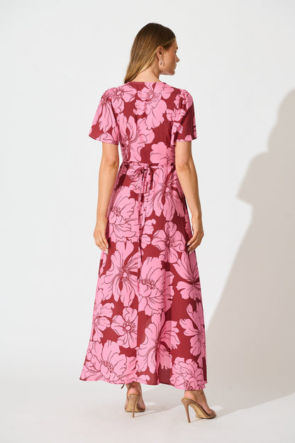 Labyrinth Maxi Wrap Dress in Wine with Pink Floral