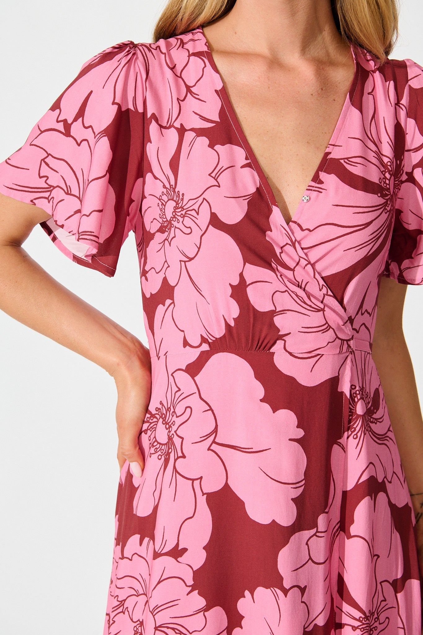Labyrinth Maxi Wrap Dress in Wine with Pink Floral