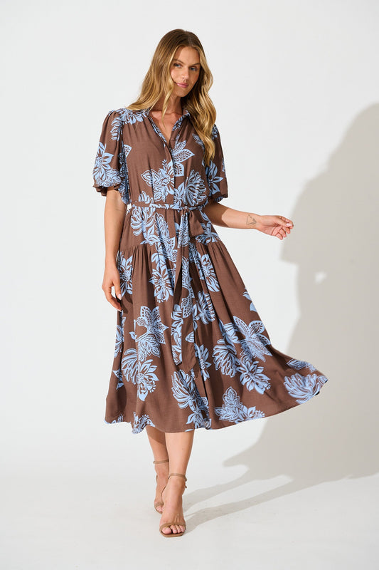 Infinite Maxi Shirt Dress in Brown with Cornflower Blue Floral