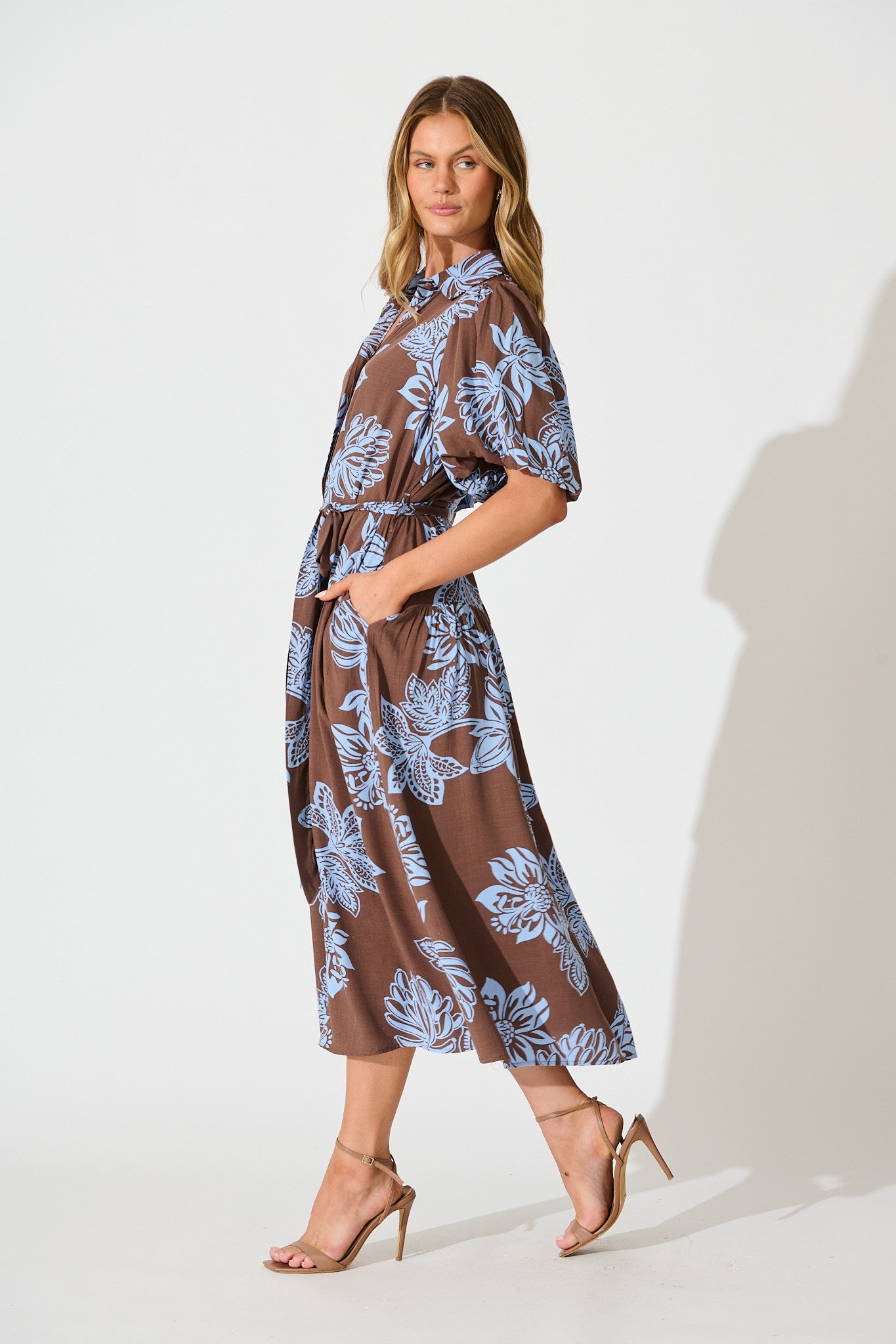 Infinite Maxi Shirt Dress in Brown with Cornflower Blue Floral