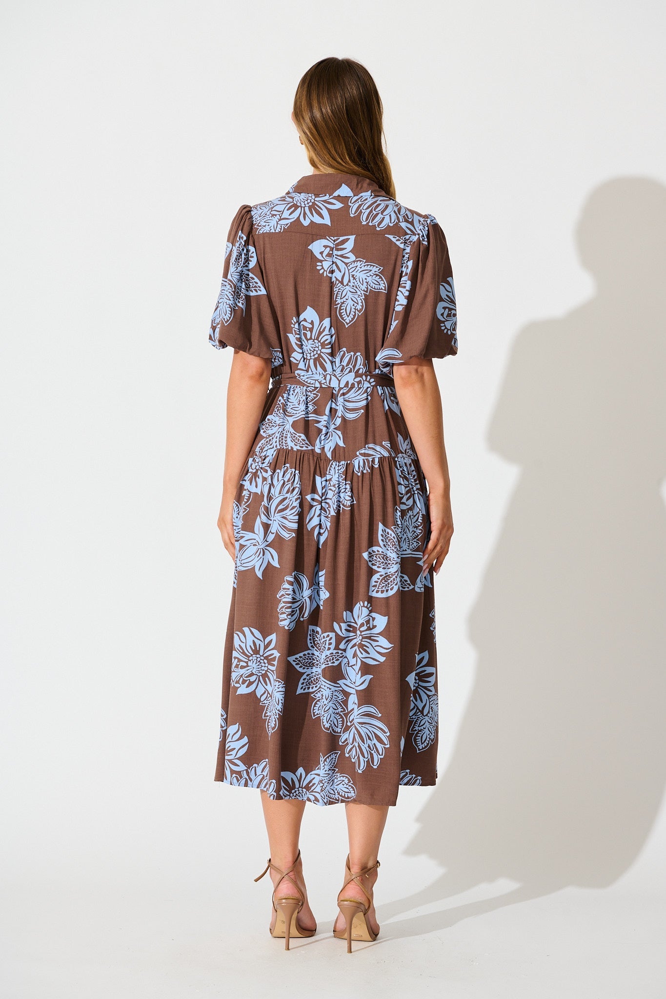 Infinite Maxi Shirt Dress in Brown with Cornflower Blue Floral