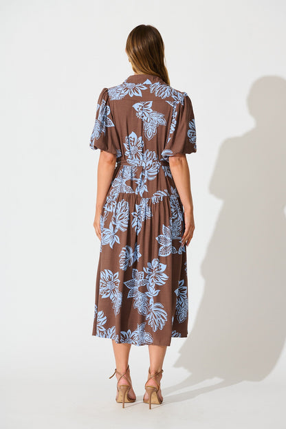 Infinite Maxi Shirt Dress in Brown with Cornflower Blue Floral