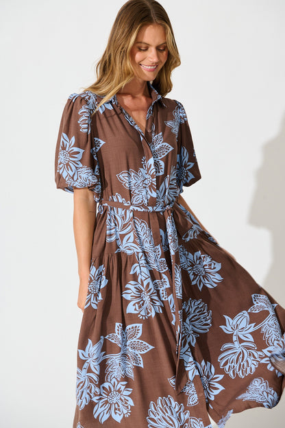Infinite Maxi Shirt Dress in Brown with Cornflower Blue Floral