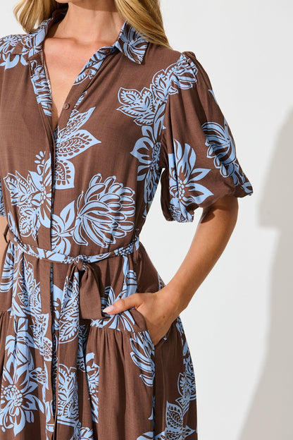 Infinite Maxi Shirt Dress in Brown with Cornflower Blue Floral