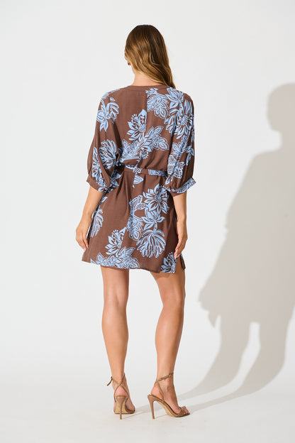 Prelude Dress in Brown with Cornflower Blue Floral