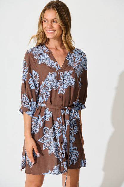 Prelude Dress in Brown with Cornflower Blue Floral