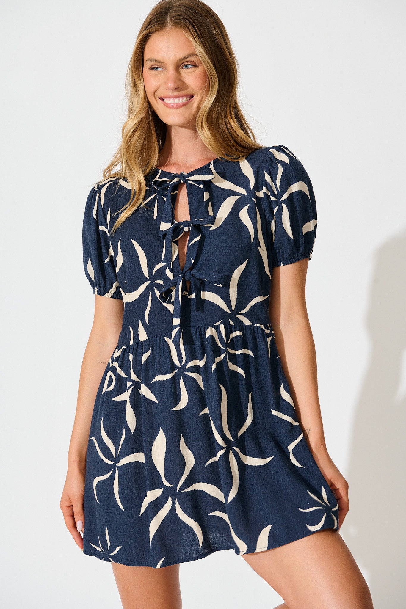 Envision Tie Front Dress in Navy with Cream Linen Blend