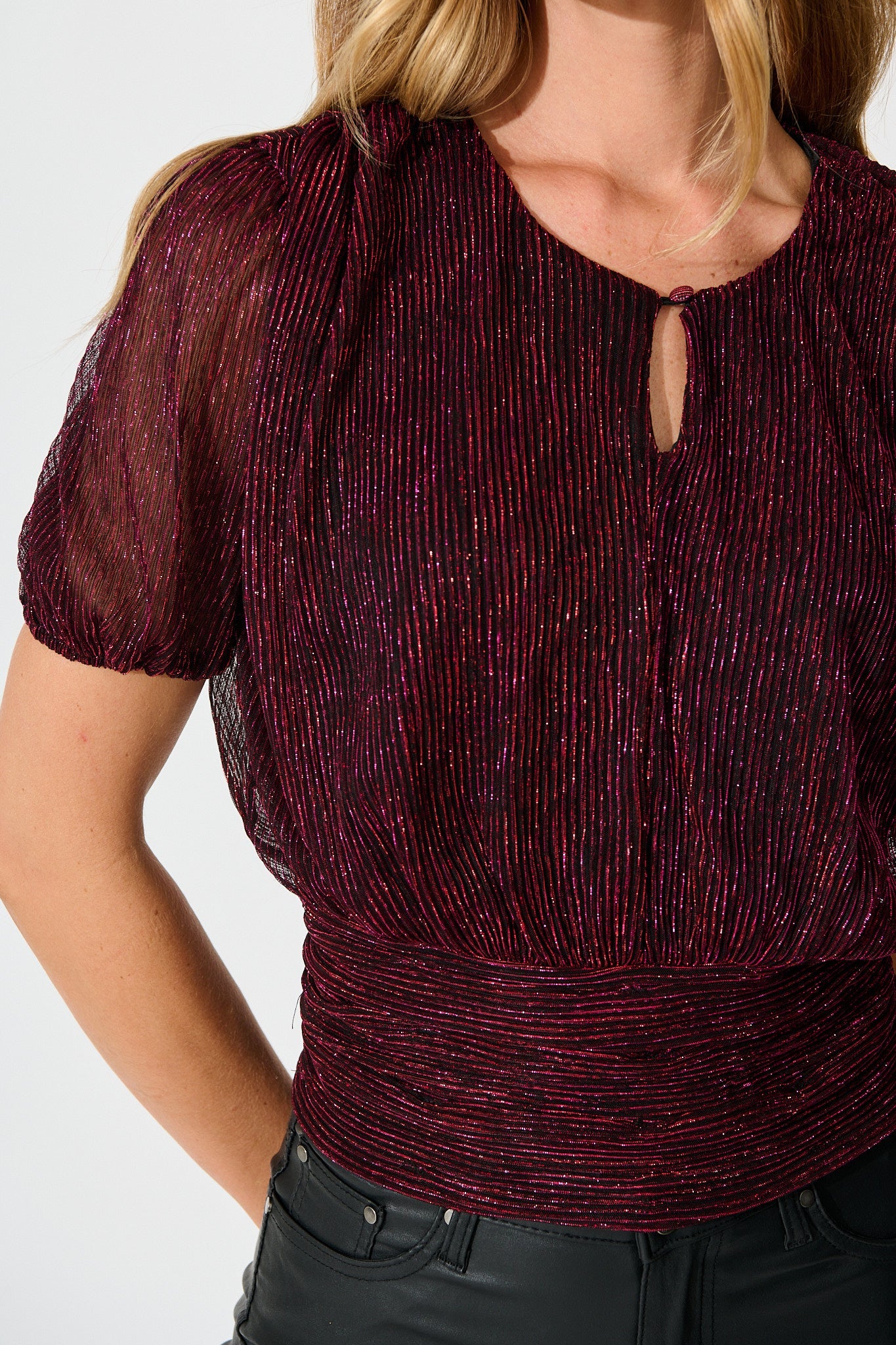Whisked Away Top in Wine Lurex