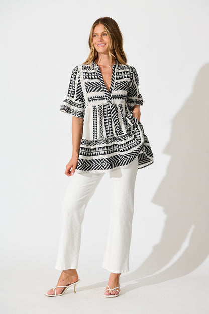 Forget Me Not Smock Top in White and Black Cotton