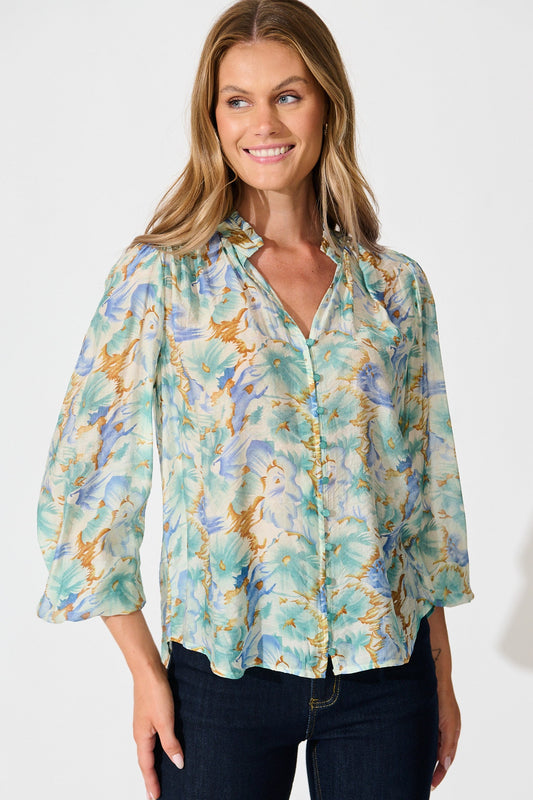 Cynthia Top in Green and Blue Floral