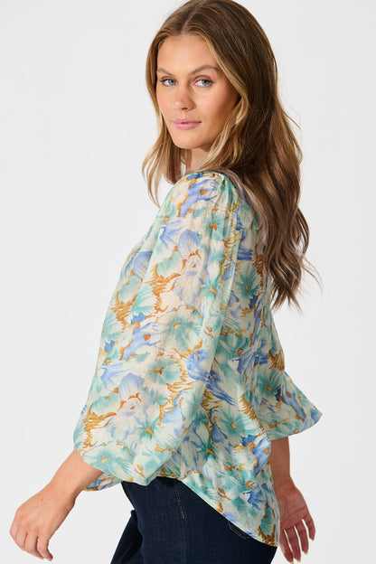 Cynthia Top in Green and Blue Floral