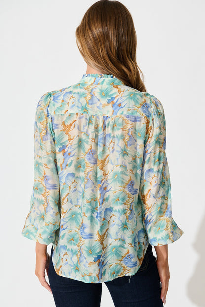 Cynthia Top in Green and Blue Floral