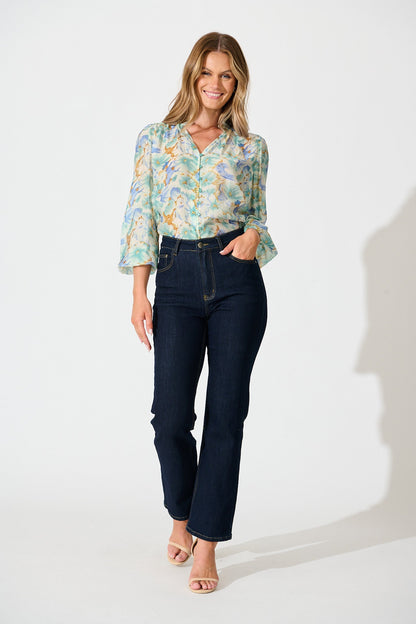 Cynthia Top in Green and Blue Floral