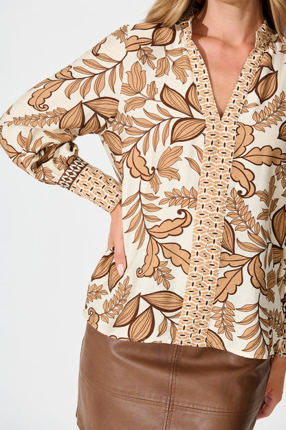 Graceful Top in Cream with Brown Leaf